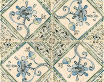 Set of 4 repetitive blue and green ceramic tiles, floral wall art