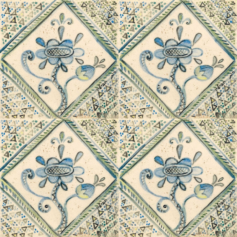 Floral Blue and Green Ceramic Tile Etsy