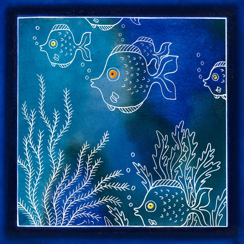 decorative tile, Mediterranean tile, fish, ceramic wall art, oceanic wall art, blue tile art, round fish image 1