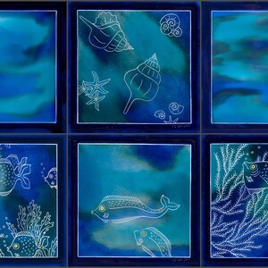 decorative tile, Mediterranean tile, fish, ceramic wall art, oceanic wall art, blue tile art, round fish image 4