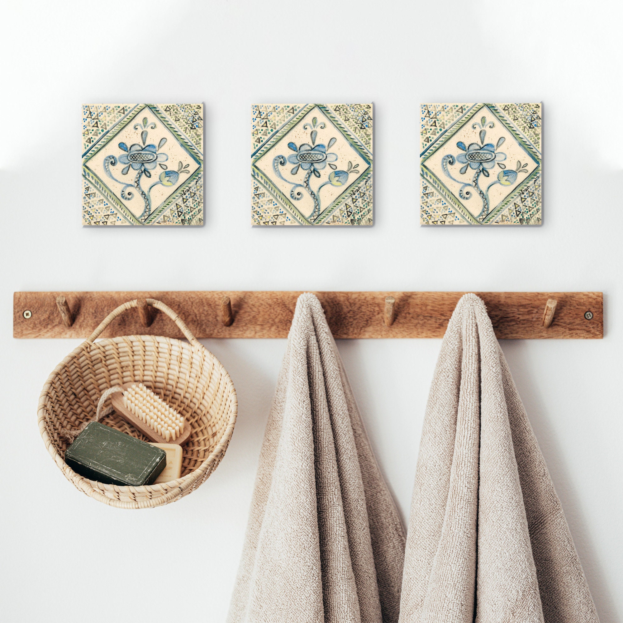 Floral Blue and Green Ceramic Tile Etsy