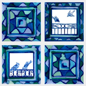 Set of 4 ceramic tiles with original paintings of birds, Blue tiles, Mediterranean Tiles, new Home Gift