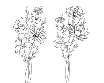 Birth Month Flowers Custom Tattoo, Minimalist Fine Line Floral Bouquet Stencil