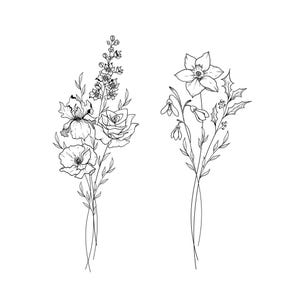 Birth Month Flowers Tattoo Design, Minimalist Family Bouquet, Gift for Nan
