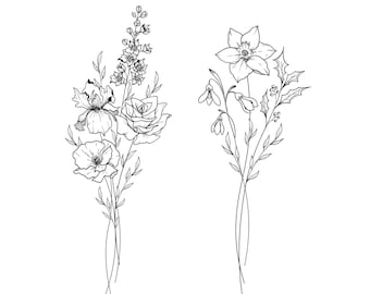 Birth Month Flowers Tattoo Design, Minimalist Family Bouquet, Gift for Nan