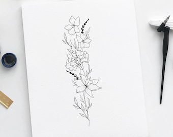 Custom Spine Tattoo Design, Fine Line Birth Flowers
