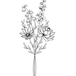 May include: A black and white line drawing of a floral bouquet. The bouquet features a daisy, a lotus flower, and other small flowers and leaves. The flowers are tied together at the base with thin lines.