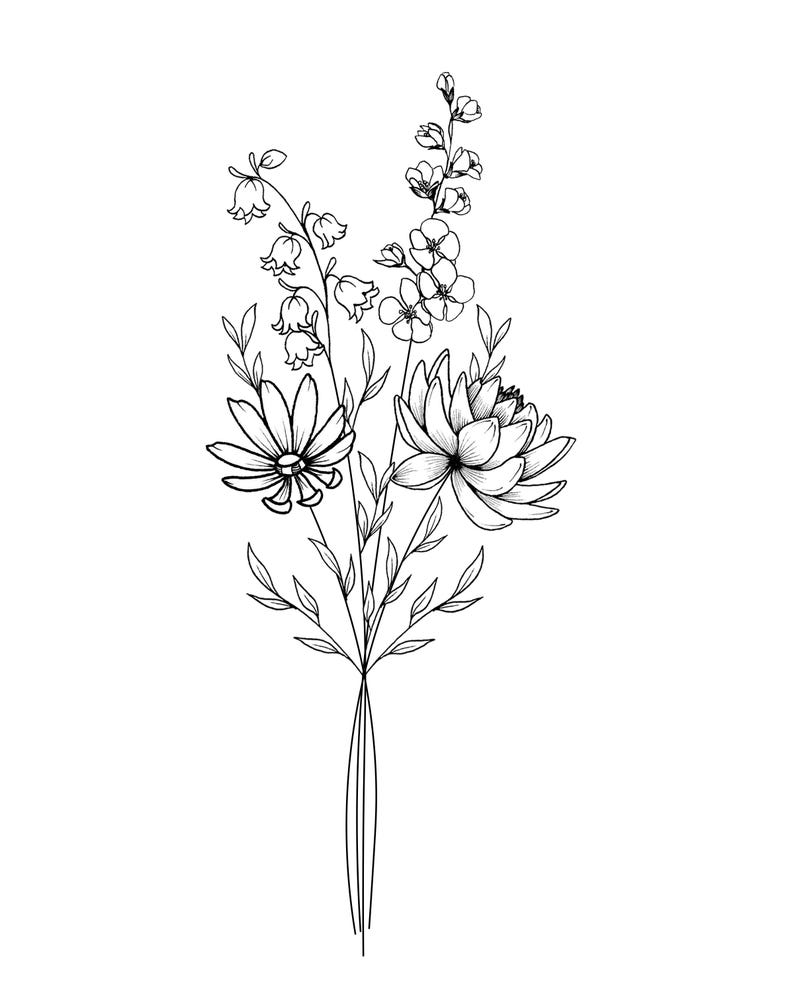 May include: A black and white line drawing of a floral bouquet. The bouquet features a daisy, a lotus flower, and other small flowers and leaves. The flowers are tied together at the base with thin lines.