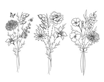 May include: Three detailed black and white floral bouquets. The bouquets feature various flowers, including chrysanthemums, daisies, and roses, with delicate leaves and stems. One bouquet includes a butterfly and a bee. The word "Liyana" is written on one bouquet.