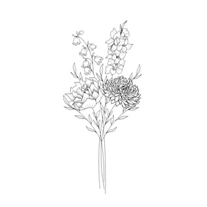May include: Black and white line drawing of a floral bouquet. The bouquet features a peony, a chrysanthemum, and other flowers with long, slender leaves. The flowers are tied together at the base with thin stems.