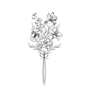 May include: Black and white line art illustration of a floral bouquet. The bouquet features a peony, iris, daffodil, and other flowers, tied with a ribbon. The image is a detailed drawing of the flowers.