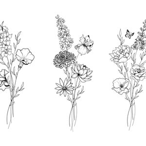 DIGITAL Benutzerdefinierte Geburtsmonat Blume Tattoo Design | Wildblumen-Familienstrauß | Personalisierte Tattoo-Karte | Line Art (Bis zu 6 Blumen)