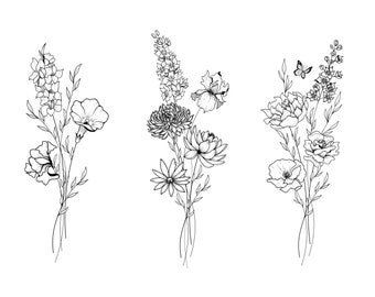 Aangepaste geboortemaand bloemen tattoo-ontwerp, fijne lijn stencil, gepersonaliseerd familiecadeau voor haar