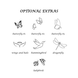 May include: Black and white line drawings of butterflies, a hummingbird, a dragonfly, ladybirds, wings and halo. Text reads "OPTIONAL EXTRAS" and labels each drawing with a name, such as "butterfly #1".