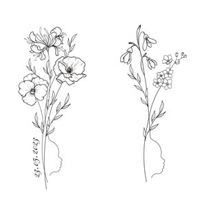 Baby Fineline Side Profile, Birth Month Flower Tattoo Design, Silhouette, Mom and Kids Minimalist Floral Design, 4 Flowers, New Baby Gift