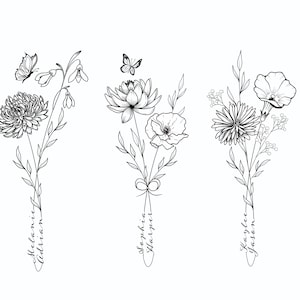 Personalisiertes Geburts-Blumen-Tattoo-Design mit Namen | Druckbare Familie Blumenstrauß | Personalisierte Tattoo-Karte | Last Minute Geschenk zum Muttertag