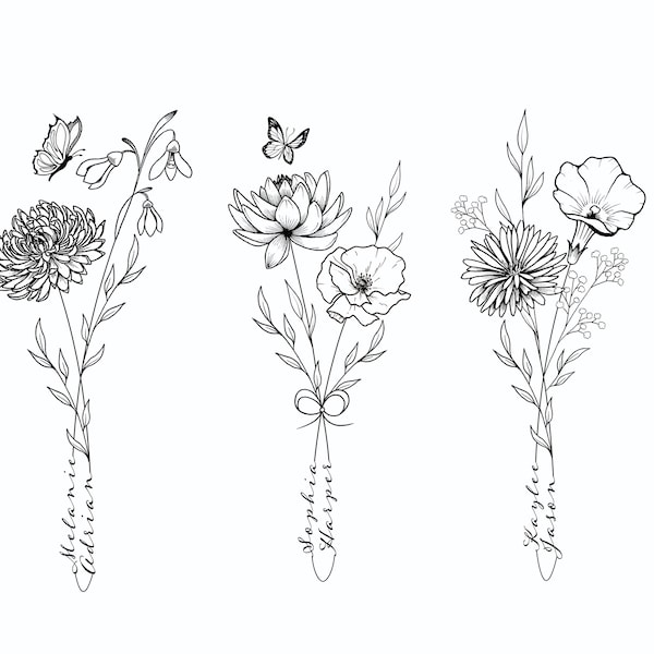 NUMÉRIQUE Deux noms de conception de tatouage de fleur de naissance personnalisé | Style de bouquet | Billet de tatouage personnalisé | Tatouage familial
