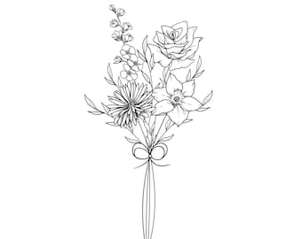 May include: A black and white line drawing of a bouquet of flowers. The bouquet includes a rose, daisy, and other floral elements, tied with a ribbon. The image is a simple, elegant illustration.