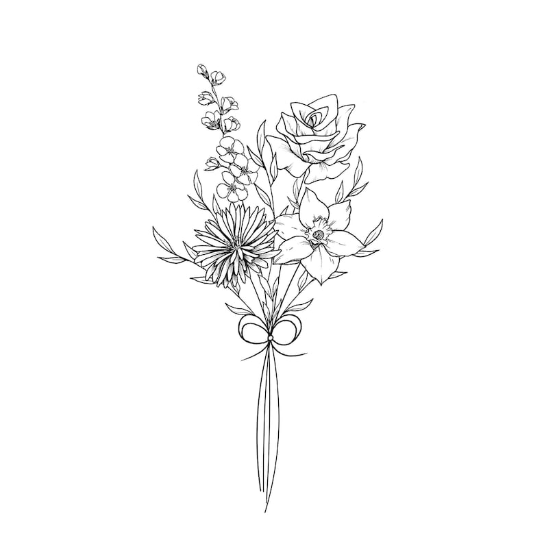 Minimalist birth month flower bouquet with bow, fineline tattoo design for women