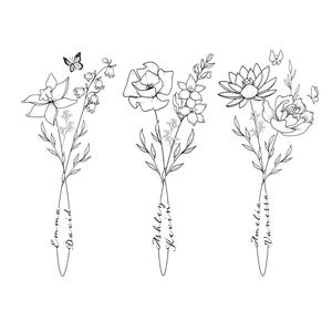 Könnte beinhalten: Drei Schwarzweiß-Zeichnungen von Blumensträußen mit darunter geschriebenen Namen. Die Sträuße sind mit "Emma David", "Ashley Kevin" und "Amelia Vanessa" beschriftet.