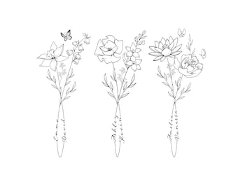 2 Namen Geburtsmonat Blumen Tattoo Design | Personalisierte Familienstrauß Printable