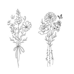 Personalised Birth Flower Tattoo with Names or Quote | Mom and Kids Family Birth Month Bouquet | Digital Download