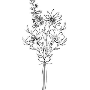 May include: Black and white line art illustration of a floral bouquet. The bouquet features various flowers, including daisies, bell-shaped blooms, and delicate sprigs, tied with a ribbon. The design is detailed and elegant, suitable for various applications.