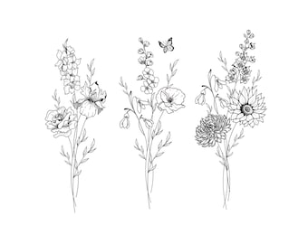 Gepersonaliseerde digitale geboortemaand bloem tattoo boeket (maximaal 8 bloemen) Wildflower stijl ontwerp