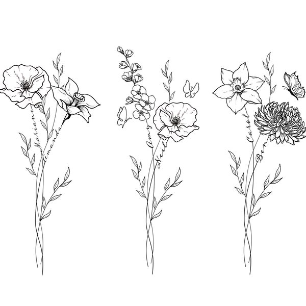 DIGITAL Two Names Custom Birth Flower Tattoo Design | Wildflower Bouquet Style | Personalised Tattoo Ticket | Couple Tattoo