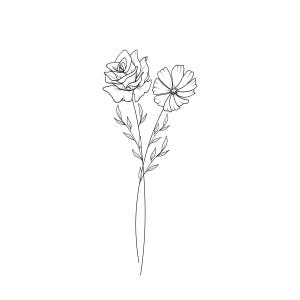 May include: A black and white line drawing of a rose and a daisy. The rose is in full bloom, with detailed petals. The daisy has multiple petals surrounding a central disc. Both flowers are connected by a single stem with small leaves.