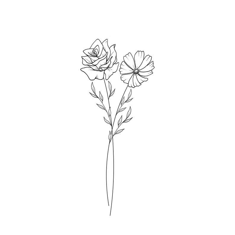May include: A black and white line drawing of a rose and a daisy. The rose is in full bloom, with detailed petals. The daisy has multiple petals surrounding a central disc. Both flowers are connected by a single stem with small leaves.