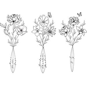 Peut inclure: Trois dessins au trait en noir et blanc de bouquets floraux avec des papillons. Les bouquets sont étiquetés "Mama, Thilda, Papa", "Jordan, Charlotte, Thornkem" et "Jay".