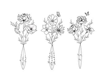 May include: Three black and white line drawings of floral bouquets with butterflies. The bouquets are labelled "Mama, Thilda, Papa", "Jordan, Charlotte, Thornkem", and "Jay".