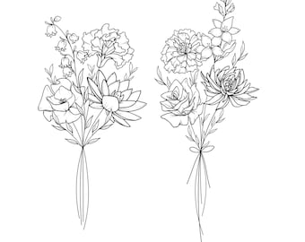 Custom Minimalist Birth Flower Bouquet Tattoo Design, Fine Line Tattoo Ideas for Women