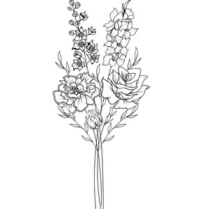 May include: Black and white line art illustration of a floral bouquet. The bouquet features a rose, carnation, gladiolus, and other delicate flowers. The illustration is detailed with fine lines and shading, creating a classic and elegant design.