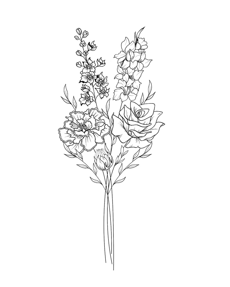 May include: Black and white line art illustration of a floral bouquet. The bouquet features a rose, carnation, gladiolus, and other delicate flowers. The illustration is detailed with fine lines and shading, creating a classic and elegant design.