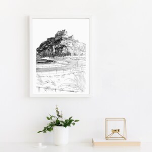 Edinburgh Castle Black and White Ink Illustration Print, Scottish A3 Art, Winter Cityscape Bild 7