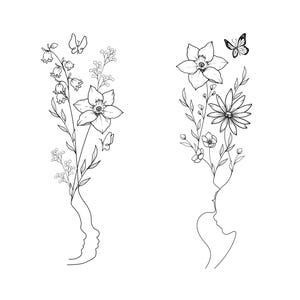 New Baby Profile Birth Month Flower Tattoo Design | 2 Flowers Sibling Bouquet Design DIGITAL