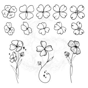 Tiny Tattoo Lucky Four Leaf Clover Flash Sheet, St. Patrick&#39;s Day, Hand Drawn Minimalist Fine Line Tattoo