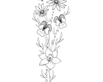 Custom Spine Birth Flower Tattoo Design, Fine Line Drawing Vine