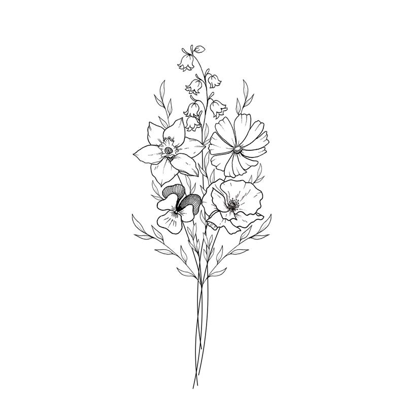 May include: A black and white line drawing of a floral bouquet. The bouquet features several types of flowers, including daffodils, poppies, and bell-shaped flowers, with detailed leaves and stems. The design is delicate and elegant.
