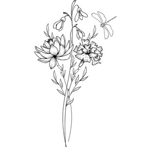 May include: A black and white line drawing of a floral bouquet with a dragonfly. The bouquet includes a lotus flower, carnation, snowdrop flowers, and leaves. The dragonfly is positioned above the flowers.