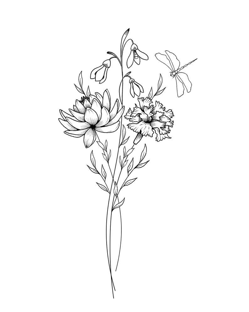 May include: A black and white line drawing of a floral bouquet with a dragonfly. The bouquet includes a lotus flower, carnation, snowdrop flowers, and leaves. The dragonfly is positioned above the flowers.