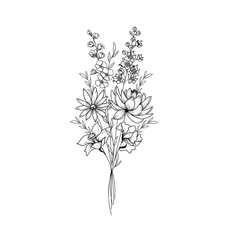 May include: A black and white line drawing of a bouquet of flowers. The bouquet includes a variety of blooms, such as daisies, lotus flowers, and other delicate blossoms. The stems are tied together at the base.