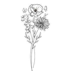 May include: A black and white line drawing of a floral bouquet. The bouquet includes a large poppy, a daisy-like flower, and bell-shaped flowers. Two butterflies are also included in the design. The image is a simple, elegant illustration.
