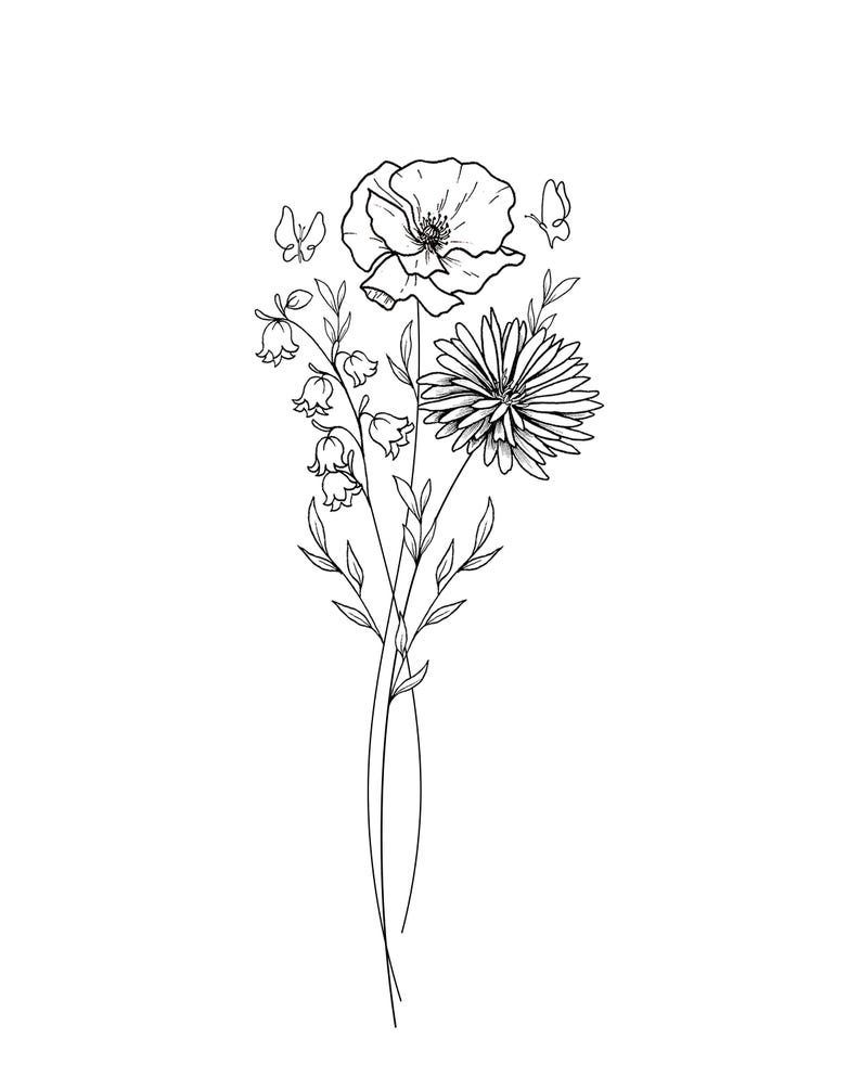 May include: A black and white line drawing of a floral bouquet. The bouquet includes a large poppy, a daisy-like flower, and bell-shaped flowers. Two butterflies are also included in the design. The image is a simple, elegant illustration.