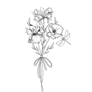 May include: Black and white line art illustration of a floral bouquet. The bouquet features three different types of flowers, leaves, and a dragonfly. The stems are tied with a ribbon. The image is on a white background.