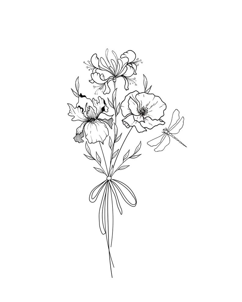 May include: Black and white line art illustration of a floral bouquet. The bouquet features three different types of flowers, leaves, and a dragonfly. The stems are tied with a ribbon. The image is on a white background.