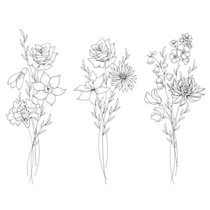 Tatuagem de flor do mês de nascimento, buquê floral minimalista para família