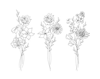 DIGITAL Birth Flower Bunch Tattoo Design | Personalised Family Print | Vine Wildflower Style Tattoo | Up to 8 flowers